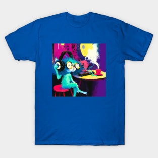 Hip Blue Cat Enjoys Some Music with a Cup of Coffee T-Shirt